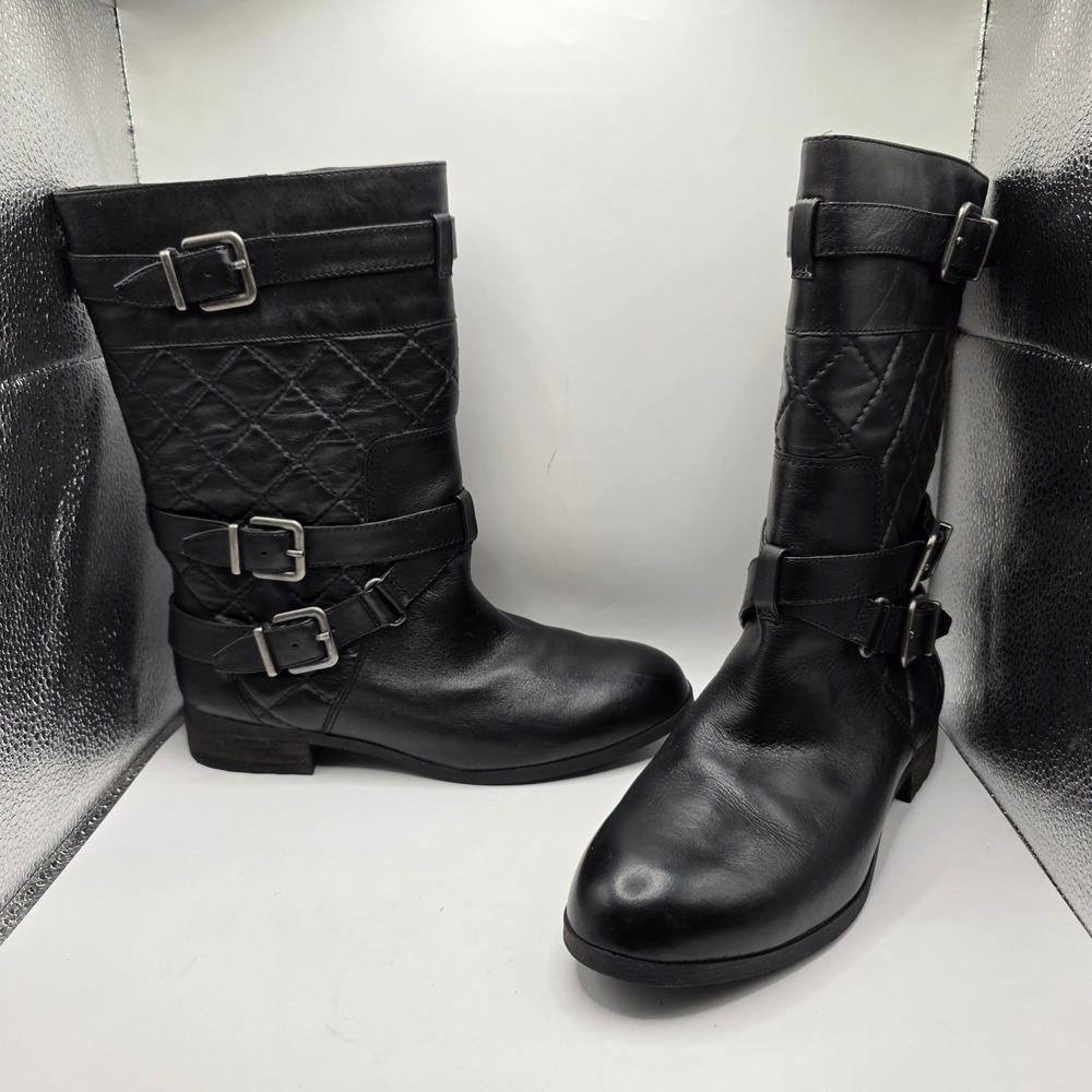 Antonio‎ Melani Womens Black Quilted Leather Moto Buckle Boots Size 8.5M
